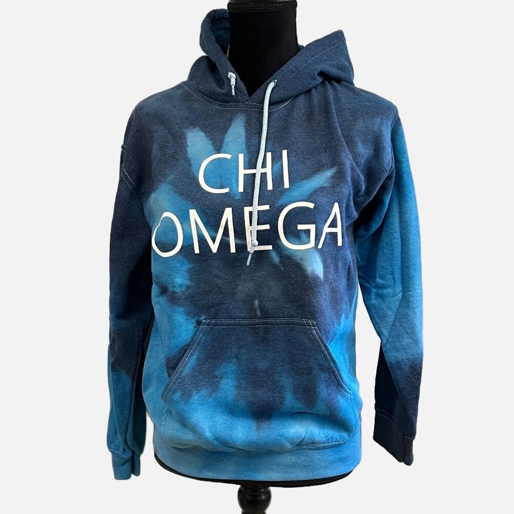 CHI OMEGA Sorority Hoodie Sweatshirt SMALL ΧΩ NWT BLUE TIE DYE